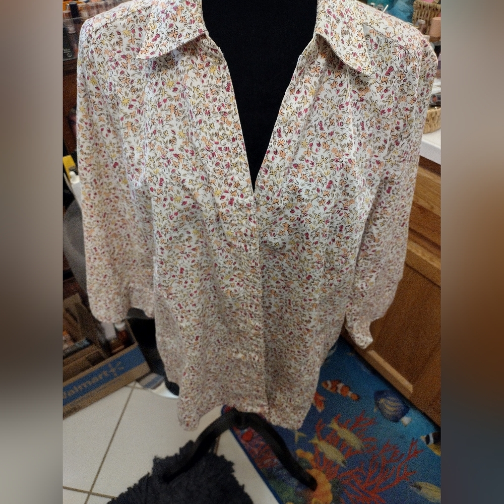 Floral Button-Up Blouse/ Basic Editions/ SZ W 1X/Cotton/Hidden Button Front/Info